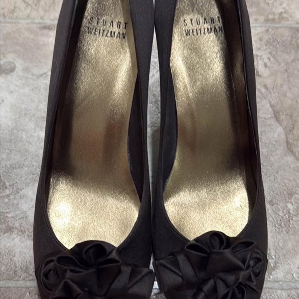 Stuart Weitzman Black Satin Ruffle Peep Toe Heels!
